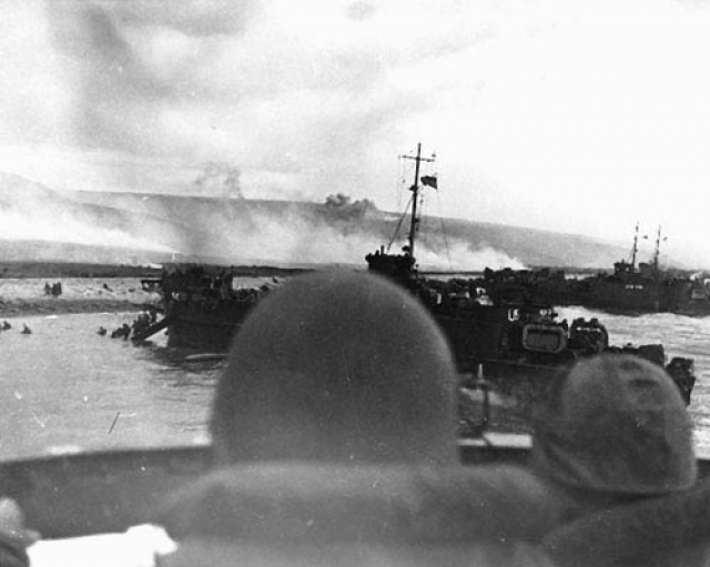 A view of a Normandy invasion beach from offshore.