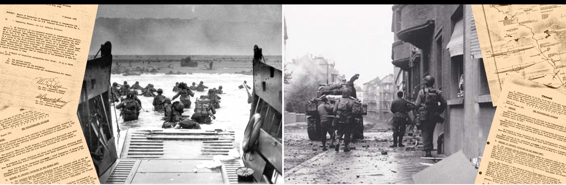 Left: American soldiers wade ashore onto Omaha Beach on D-Day. Right: American soldiers, accompanied by Sherman tanks, clear a street in Aachen, the first German city to fall to the Allies.