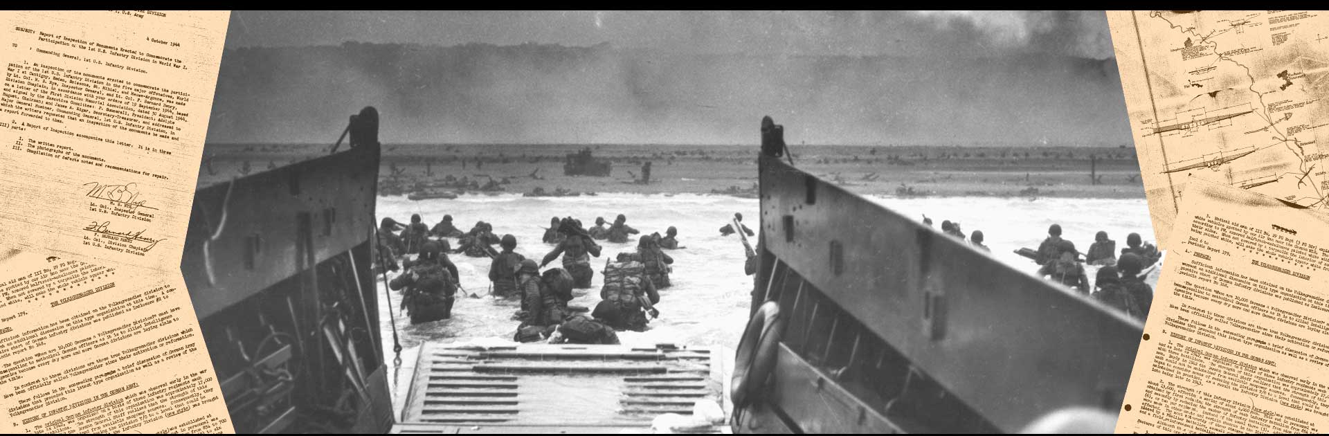 Chief Photographer's Mate Robert F. Sargent took this photograph just as a group of soldiers stepped off a Coast Guard landing craft and headed for the Normandy beaches.